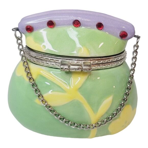 Hallmark Bezel Box Trinket Box Green Yellow Flowers Purse With Chain Retired - Picture 6 of 6